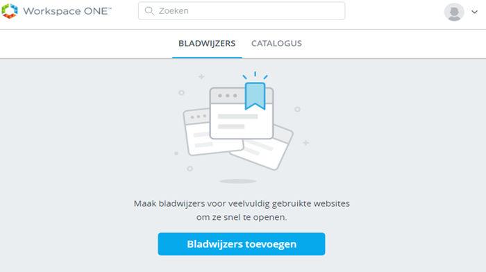Figuur 8 1. Eerste weergave van de pagina Bladwijzers Vanuit de catalogus kunnen gebruikers mobiele, virtuele en webapplicaties installeren waarvoor ze rechten hebben.
