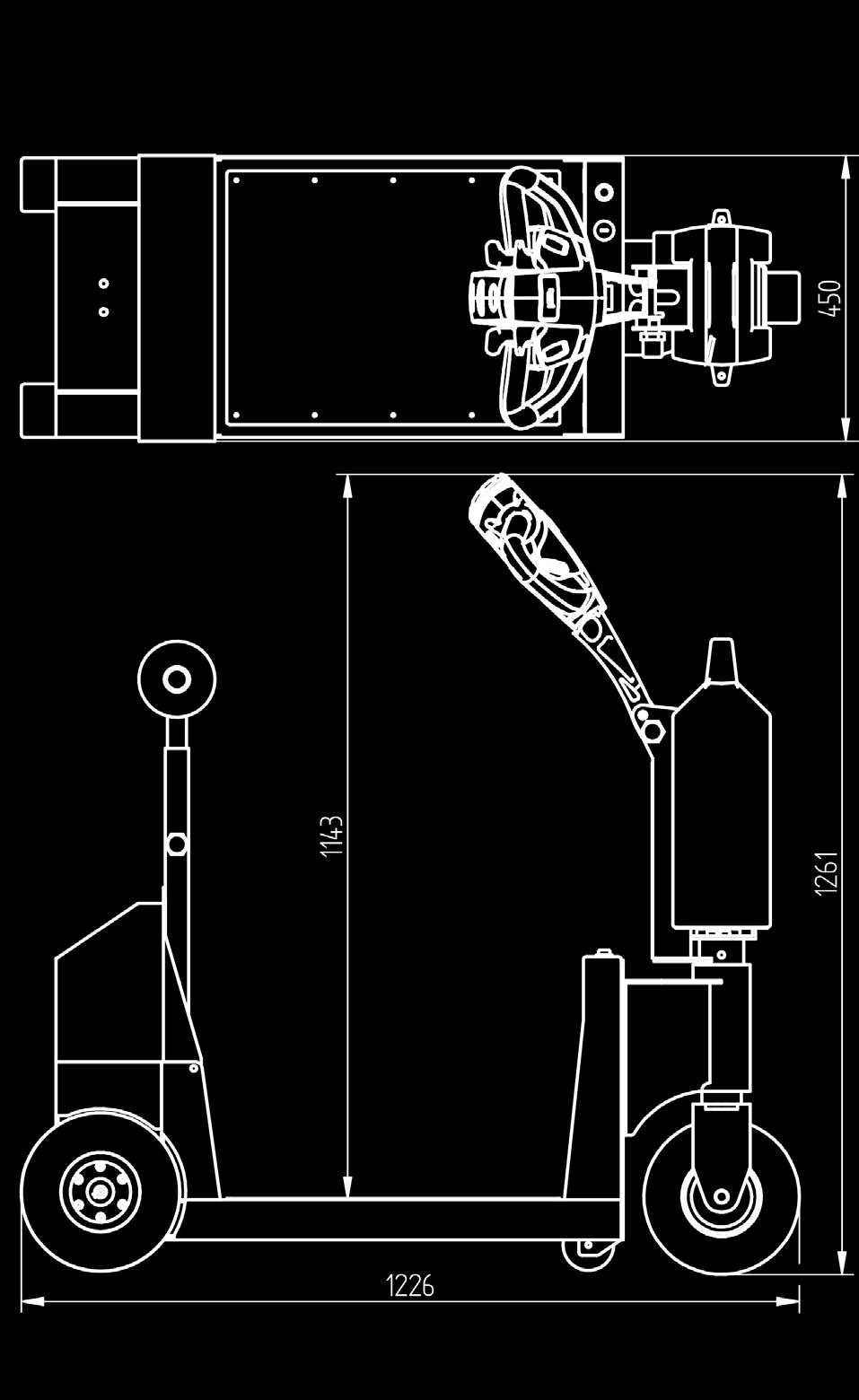 Werkhoogte 750-1261mm Ingeklapt 900mm Geluidsniveau 63,8 db Gebruikers temp -40 C / 70 C Bescherm klasse Machine IP44 Trekkracht