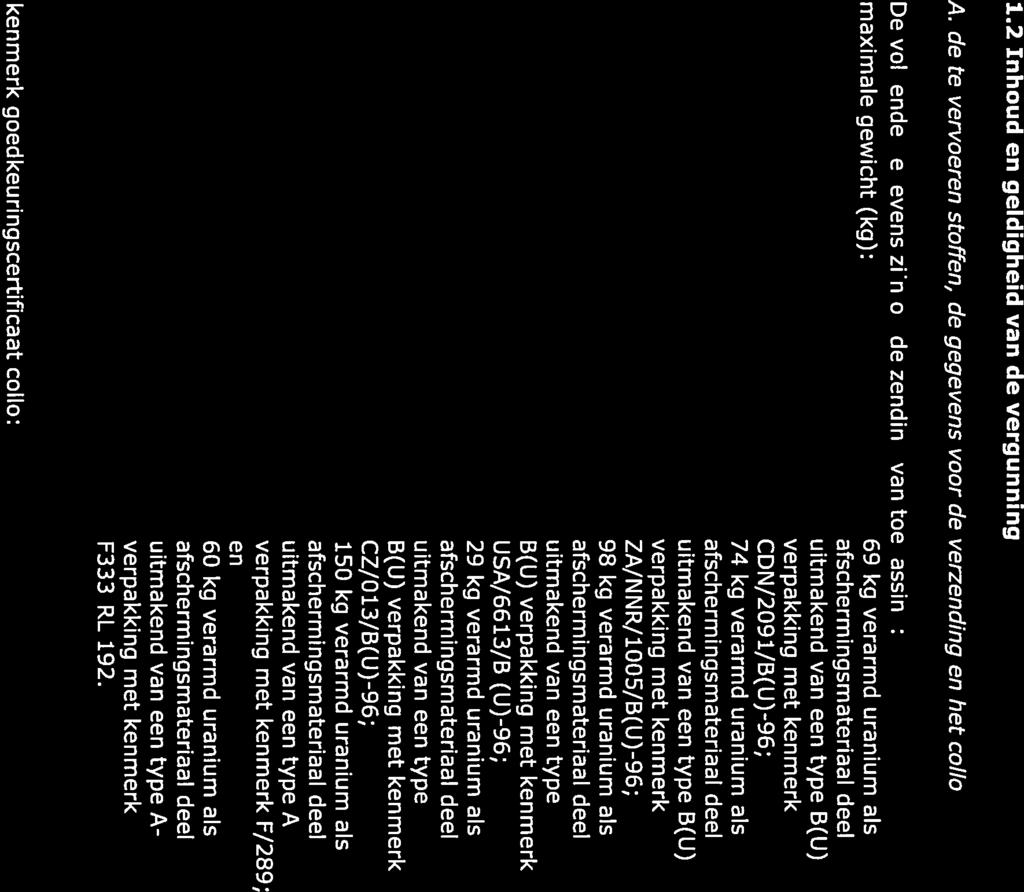 uitmakend van een type B(U) verpakking met kenmerk CZ/0 13/B(U)-96; kg verarmd uranium als afschermingsmateriaal deel uitmakend van een type A verpakking met kenmerk Fl289; en kg verarmd