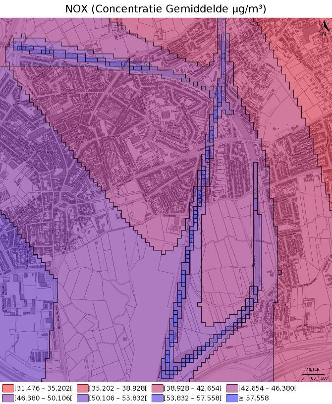 11: Bijdrage van het spoorverkeer aan de luchtverontreiniging (referentiestuatie) De verspreidingsberekening werd enkel uitgevoerd voor NOx.