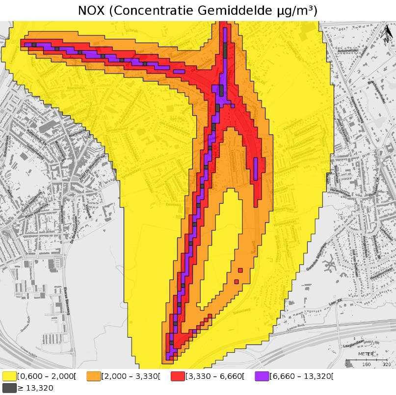 Exploitatiefase De immissiebijdrage van het spoorverkeer werd berekend voor 2 scenario s: Geplande situatie in 2030, met realisatie van het ongelijkvloers vertakkingscomplex Oude Landen volgens