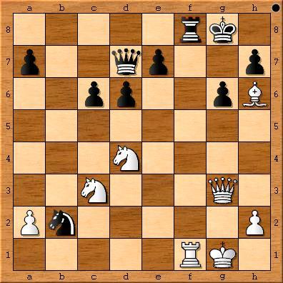 22.Lh6!(dwingt tot toren afruil) Diagram 2 22...Txf1+ 23.Kxf1 23...c5 24.Df3(dreigt mat..) De8 25.Pe6!