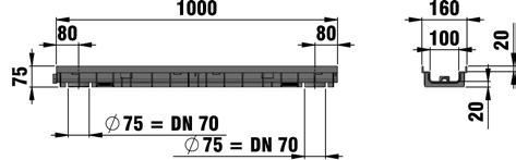 100 100 afvoergoten met rooster, klasse C 250 - Uitwendige breedte 160 Type 020 met dubbelsleuvenrooster, sleufbreedte 80/10, Type 020 Type 75 met dubbelsleuvenrooster, sleufbreedte 80/10, * Type 75