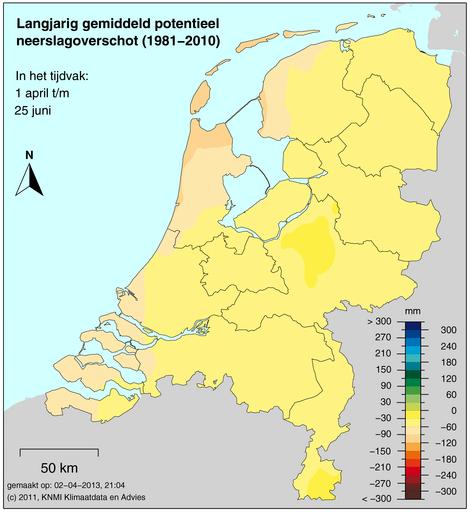 langjarig gemiddelde. De grootste tekorten bevinden zich in het oosten tegen de Duitse grens, op de grens tussen Limburg en Brabant, tegen België aan en rond Kampen.