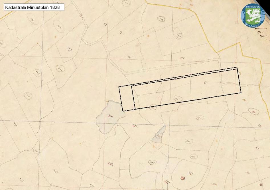 Afbeelding 5. Plangebied op de Kadastrale Minuut van 1828. Op de veldnamenkaart van 1953 is de oude percelering nog herkenbaar (zie de Kadastrale Minuut) Deze percelen kunnen ver teruggaan in de tijd.
