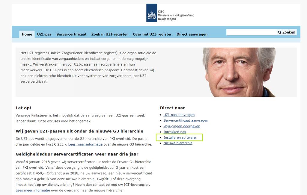 Ga naar de website: https://www.uziregister.nl voor het ophalen van de SafeSign software.
