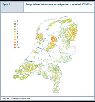 Teeltgebieden en teeltfrequentie rooigewassen in Nederland 2005-2014 (bron: RVO basisregistratie Percelen) Bij het maken van deze keuzes worden agrariërs sterk gestuurd door factoren die buiten de