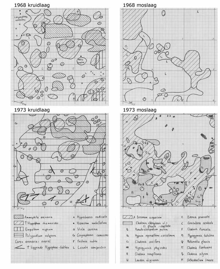 Figuur 4a. Chartings van het PQ van 3 x 3 m op het Jan Thijssensduin, gemaakt door Harrie Sipman in 1968 en 1970 (resp. op 28.10.