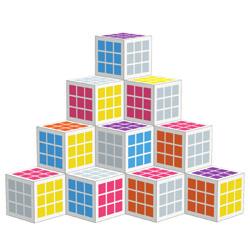 Bouw met 27 cubes een Fritzo Challenge of Fritzo Professional. Er zijn drie categorieën van figuren: 1. De zichtbare buitenvlakken van de figuur zijn willekeurig gekleurd. 1. De bovenkant heeft één kleur en de zichtbare zijvlakken zijn willekeurig gekleurd.