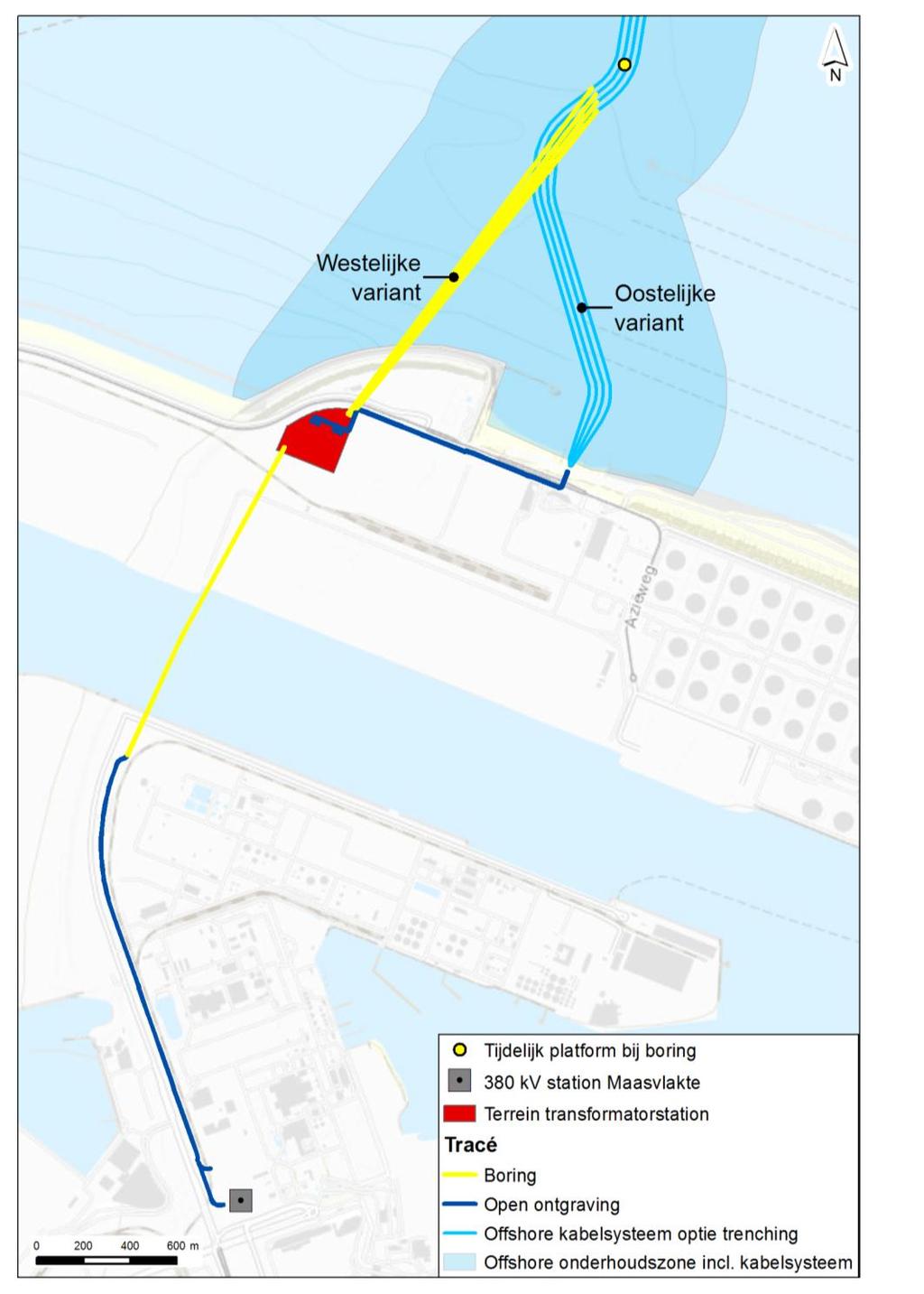 De westelijke variant betreft een gestuurde boring onder de Maasmond door, tot binnen het terrein van het nieuw te realiseren transformatorstation.