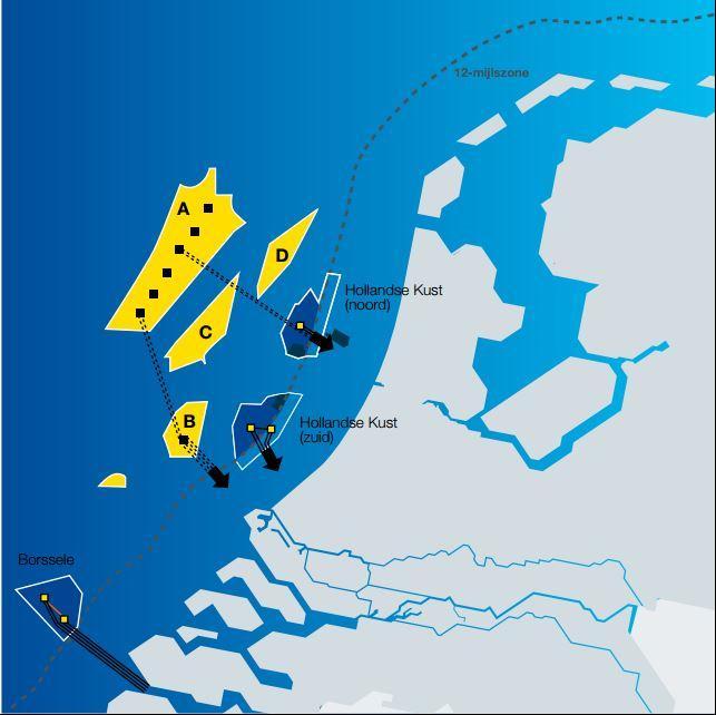 vijf platforms in Borssele (2), Hollandse Kust (zuid) (2) en Hollandse Kust (noord) (1). Deze Routekaart leidt tot 3.500 MW wind op zee in 2023. Afbeelding 2.