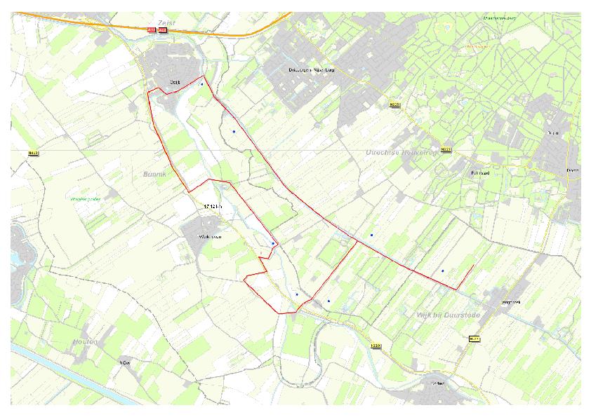 Figuur 1 Voorbeeld van gevolgde route telling zomerganzen tussen Odijk en Langbroek. De blauwe stippen geven locaties aan waar ganzen zijn waargenomen.