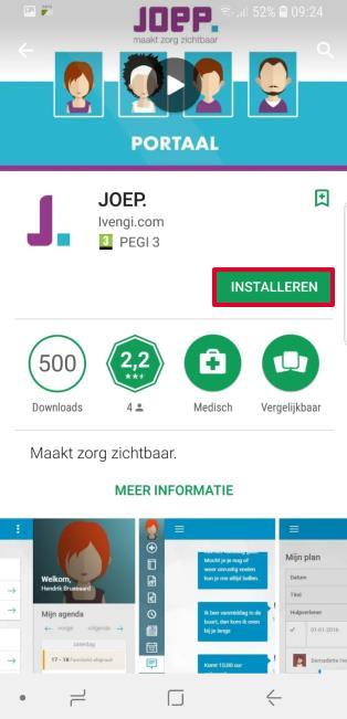 Voer in dit scherm, in de zoekbalk (zie rode kader in afbeelding 2) JOEP. in. Selecteer de juiste app door op JOEP.