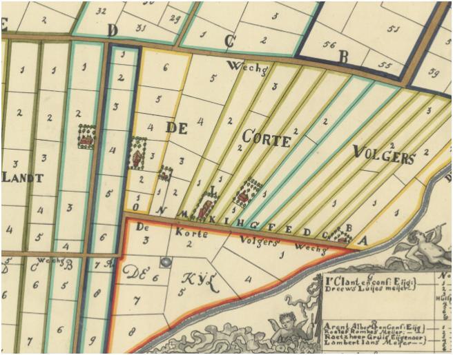 Het land werd echter wel bewoond; op oude kaarten zien we de naam Buitendijkse landen verschijnen. Op de kaart van Van der Schilt uit 1685 zien we de omgeving van Oosteinde. (Afb.
