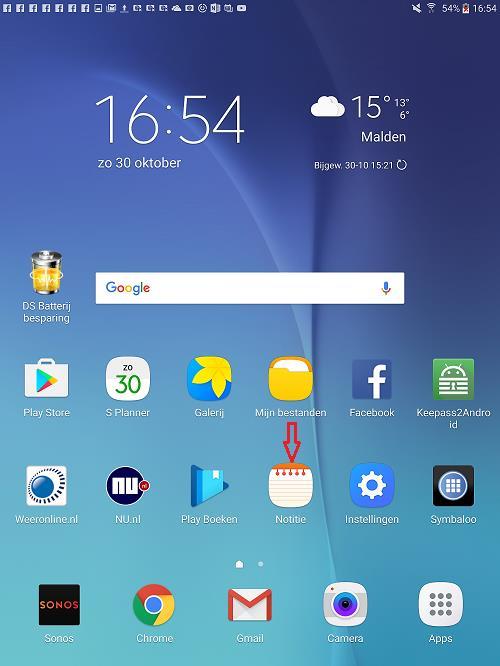 De app Notitie. De app Notitie Stap staat standaard op uw tablet. 1. Druk kortstondig op de aan/uit-toets die aan de zijkant van de tablet zit en het scherm opent zich. 2.
