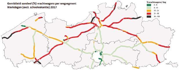 Figuur 6: Gemiddeld aantal voertuigen per wegensegment van de Vlaamse snelwegen, werkdagen 2017 (bron: Verkeersindicatoren snelwegen Vlaanderen 2017, Verkeerscentrum 2018 p21) Figuur 7: Gemiddeld