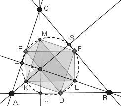 74 Elementaire Meetkunde Bewijs Als P samenvalt met een van de hoekpunten van driehoek ABC, dan is de stelling op triviale wijze juist Als P A, B, C, dan liggen D, E en F liggen op één lijn, wanneer