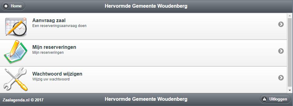 U komt dan in onderstaande scherm. Hier ziet u drie opties: Aanvragen zaal Mijn reserveringen Wachtwoord wijzigen We willen graag alle reserveringen inzien.