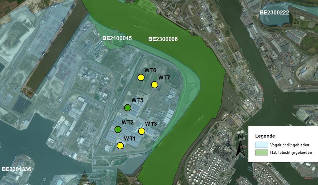 Figuur Situering van het projectgebied ten opzichte van NATURA2000 gebieden. WT1, WT3, WT6 en WT7 zijn onderwerp van deze nota (geel). WT2 en WT05 zijn reeds vergund (groen).