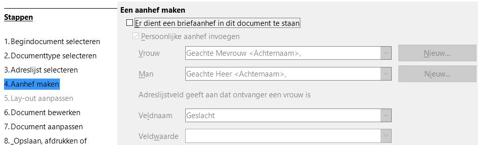 Opslaan, afdrukken of verzenden. LibreOffice toont een bericht 'Documenten maken' en toont dan het tabblad Opslaan, afdrukken of verzenden van de Assistent. 6.