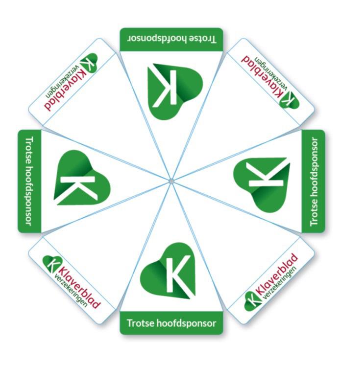 Beeldmerk Klavertje met de letter K. Mag zelfstandig worden gebruikt. Het beeldmerk dient ook als grafisch element.