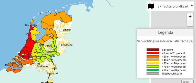 2 3 Afbeelding 29 Kaart Evacuatiepercentage- verwachtingswaarde per gebied. Kaartlagen. Door op het oog te klikken is de kaartlaag uit en aan te schakelen. geselecteerde kaartlaag.