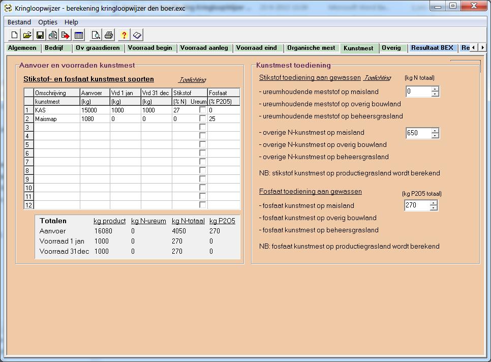 F. Tabblad kunstmest In dit tabblad moet informatie worden ingevuld over het gebruik van kunstmest. De aankoop van de verschillende kunstmestsoorten moet worden ingevuld.
