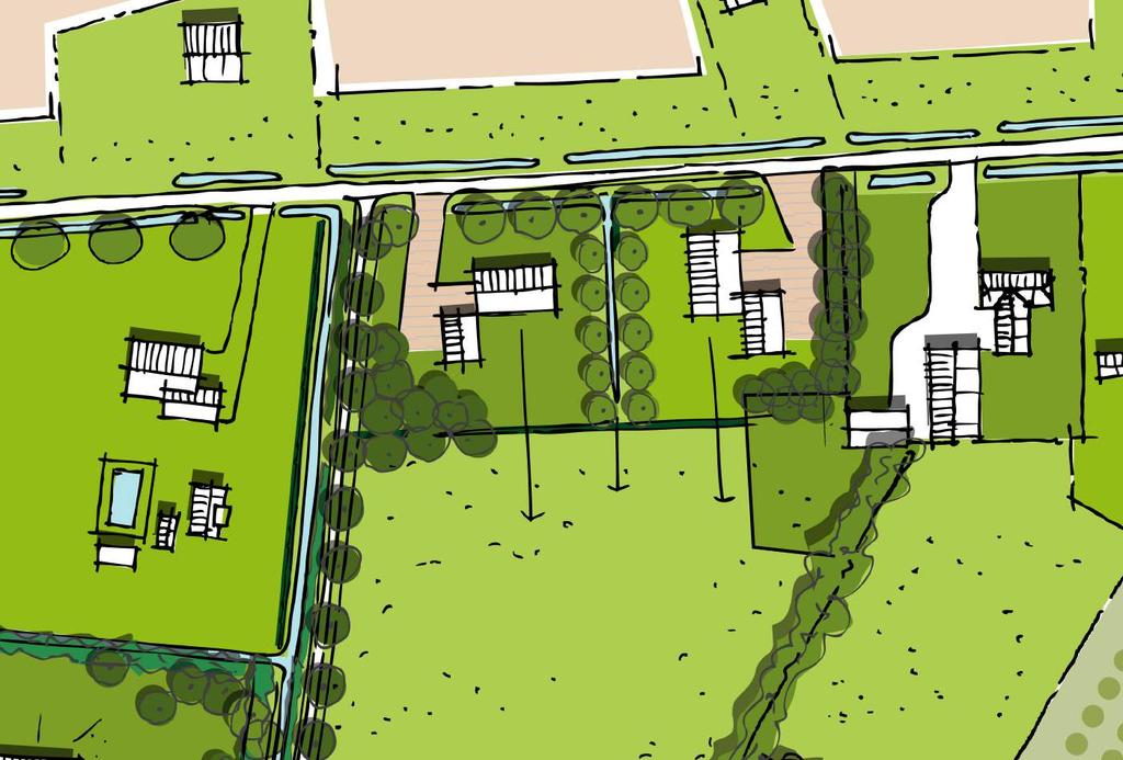 Voorbeelduitwerking cluster 1, 1:1000 bestaande houtwal, opschonen met behoud van waardevolle bomen nieuwe houtwal meidoornhagen hakhoutbosje