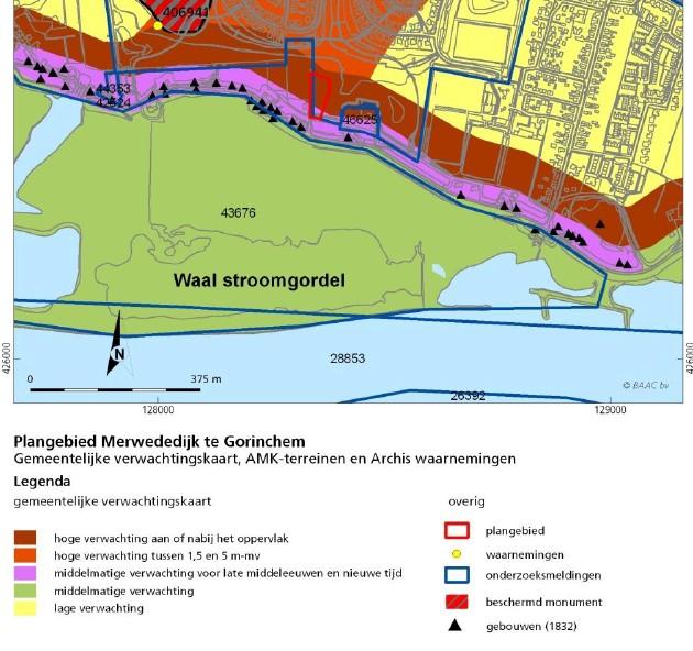 Boorpuntenkaart veldonderzoek Voor het niet door middel van boringen onderzochte zuidelijke deel van het perceel wordt conform het archeologisch onderzoek van BAAC een archeologische dubbelbestemming