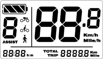 * Afstand (Trip / Totaal) * Het uur * Wandel assistent (trage motor assistentie) Distance * Achtergrond and Odometer verlichting (TRIP/ TOTAL) Time * Error codes Assist walking (slow speed motor