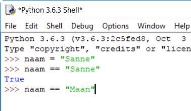 Hoofdstuk 3 Beslissingen nemen 49 Typ: naam == "Maan" Python zegt dat dit of niet waar is: Wat is hier gebeurd?