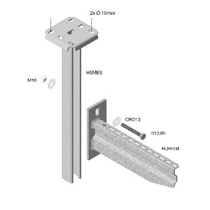 7.C.3.1.2.2 Montage van kabelgoot aan het plafond Een middelzware hangsteun type HSMES200-1500 met U-vormig geperforeerd profiel, wordt aan het plafond bevestigd d.m.v. twee brand technisch gecertifieerde expansiepluggen M10 en sluitringen RO10.