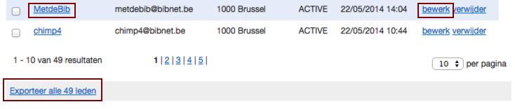 Lijst gebruikers exporteren De link Exporteer alle 49 leden dient om het resultaat van je zoekopdracht of alle gebruikers te exporteren.