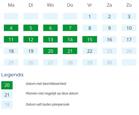 11 U krijgt alleen beschikbaarheid te zien binnen de aangegeven planperiode. Selecteer de datum (groen) die uw voorkeur heeft. De gekozen optie wordt getoond met de beschikbare tijden.