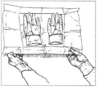 5 Neem het inlegpapier met daarin de handschoenen uit de buitenste verpakking 6 Ontvouw het inlegpapier zodanig dat de handschoenen zichtbaar zijn en steriel blijven.