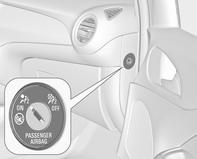 46 Stoelen, veiligheidssystemen Gebruik de contactsleutel om de schakelaarstand te kiezen: * OFF V ON : airbag van voorpassagier is gedeactiveerd en gaat niet af bij een aanrijding.