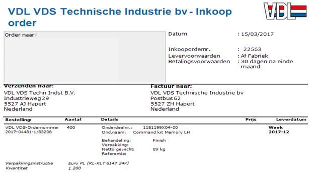 1. Inkooporder Iedere bestelling die door VDL VDS wordt verstuurd gebeurt via een inkoop order. Deze inkooporder bevat één of meerdere bestellingen en geeft informatie over deze bestellingen.