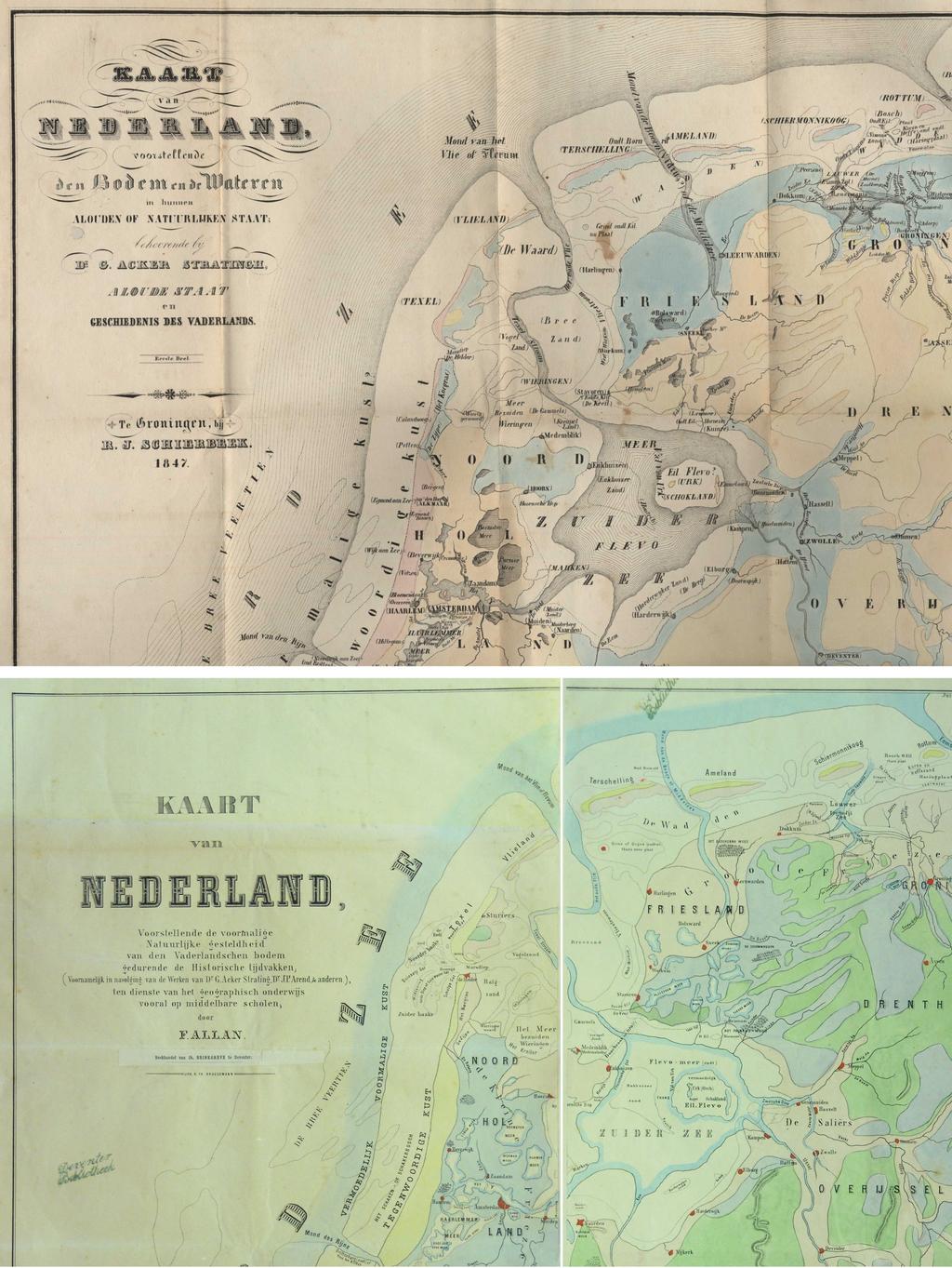 14. Het noordwesten van Nederland; boven: fragment van de 'Kaart van Nederland, voorstellende den bodem en de wateren in hunnen alouden of natuurlijken staat' van G.