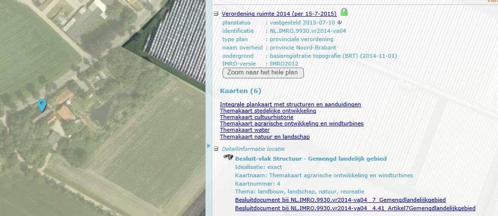 Afbeelding 13: Uitsnede themakaart agrarische ontwikkeling en windturbines Verordening ruimte 2014 (per 15-07-2015), locatie Belversestraat 42 aangeduid met blauwe pijl Afbeelding 14: Uitsnede