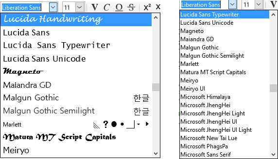 Afbeelding 4: :Lijst met lettertypes met voorbeeld (links); zonder voorbeeld (rechts) Opties Afdrukken Op het tabblad LibreOffice Afdrukken stelt u de afdrukopties zodanig in dat zij overeenkomen met