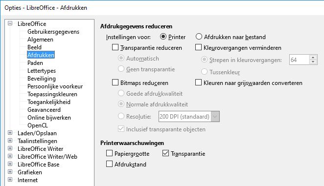 Afbeelding 5: Algemene afdrukopties kiezen die van toepassing zijn op alle LibreOffice componenten Opties Paden Op het tabblad LibreOffice Paden, kunt u de locatie van de paden, geassocieerd met of