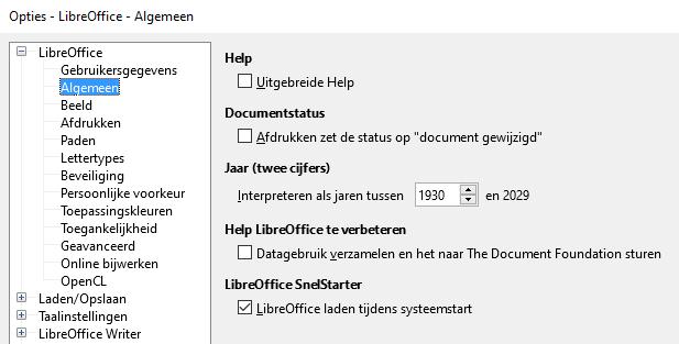 Opties Algemeen De opties op de tabblad LibreOffice > Algemeen zijn hieronder beschreven (Afbeelding 2).