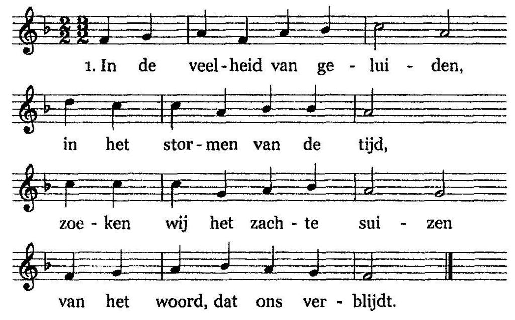 We zijn stil, de klok slaat tien keer De bijbel wordt neergelegd en de kaarsen worden aangestoken. We zingen als openingslied: In veelheid van geluiden (NLB 283) 2.