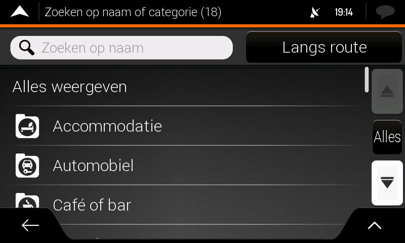 Voorbeeld van het navigeren naar een interessante plaats Om bijvoorbeeld een park te vinden nabij uw bestemming, gaat u als volgt te werk: 1. Tik in het Kaartscherm op om het Navigatiemenu te openen.