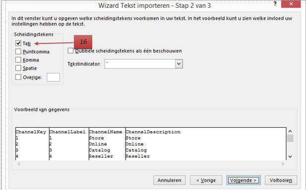 In het dialoogvenster Wizard Tekst importeren Stap 2 van 3 kies je voor Tab (16) als scheidingsteken en klik op