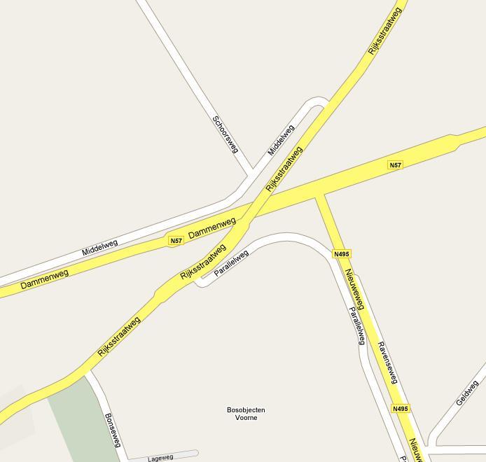 5 Routes met verbinding Rijksstraatweg-N57 In figuur 5.1 is het kruispunt van de N57 en de N495 opnieuw afgebeeld. In de afbeelding is de locatie van de nog aan te leggen rotonde aangegeven.