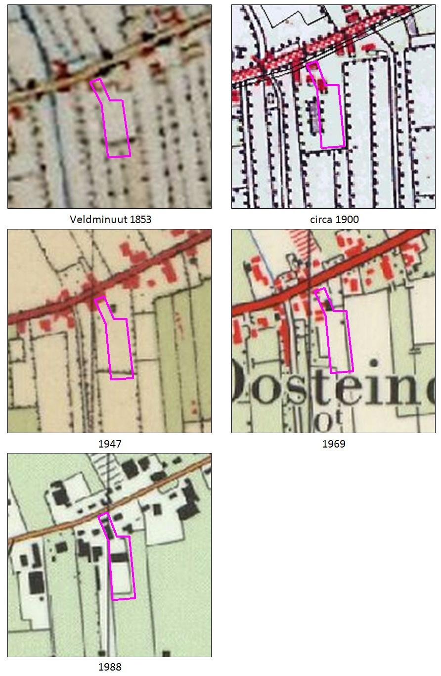 Afbeelding 6. Plangebied (paarse rechthoek) op oude kaarten.