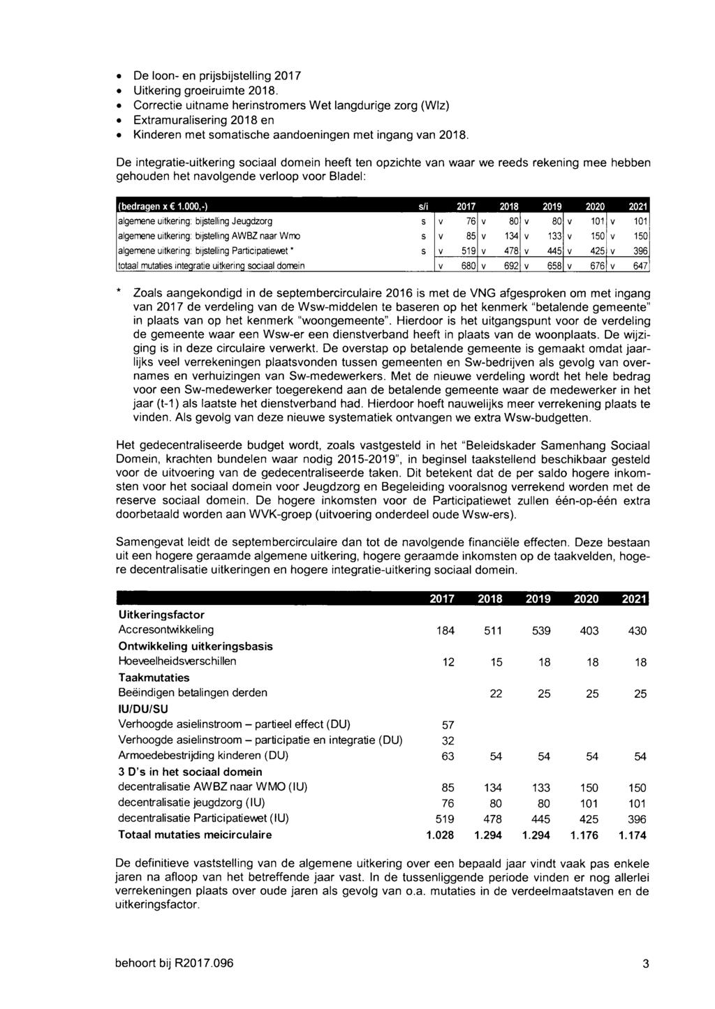 «De loon- en prijsbijstelling 2017 * Uitkering groeiruimte 2018.