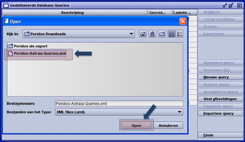 Ga naar de map (de plaats) waar u het, van de Peridos website gedownloade, xml bestand heeft opgeslagen op uw computer. Klik op de bestandsnaam en vervolgens op de button Open.