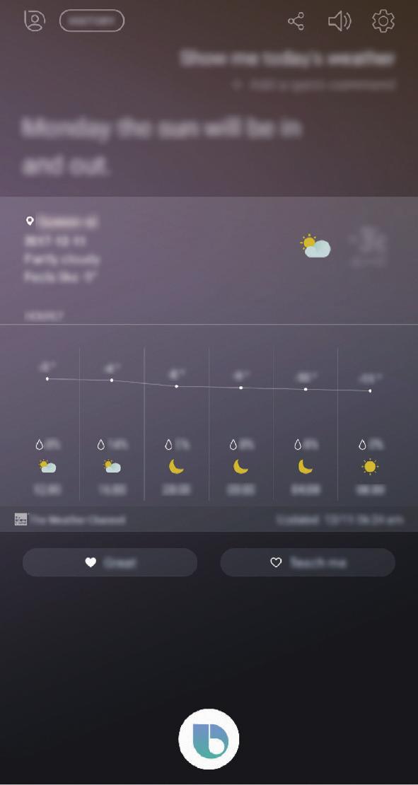 Apps en functies Het weer of uw agenda opzoeken U kunt het weer of uw agenda opzoeken op het Bixby-scherm.